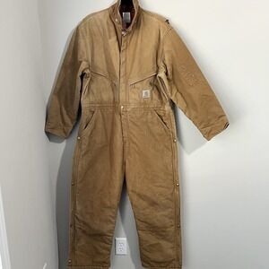 Vtg Carhartt X01 BRN Quilt Insulated Duck Coveralls Men's 46 Short Tan USA Union